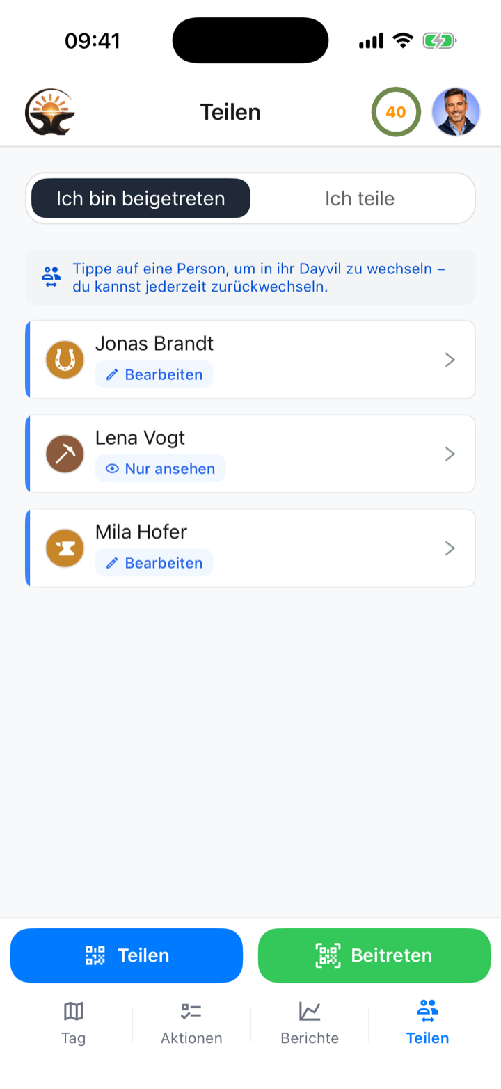 Teilen-Tab mit dem Abschnitt Ich bin beigetreten, drei Personen mit den Markierungen Bearbeiten oder Nur ansehen und den Buttons Teilen und Beitreten