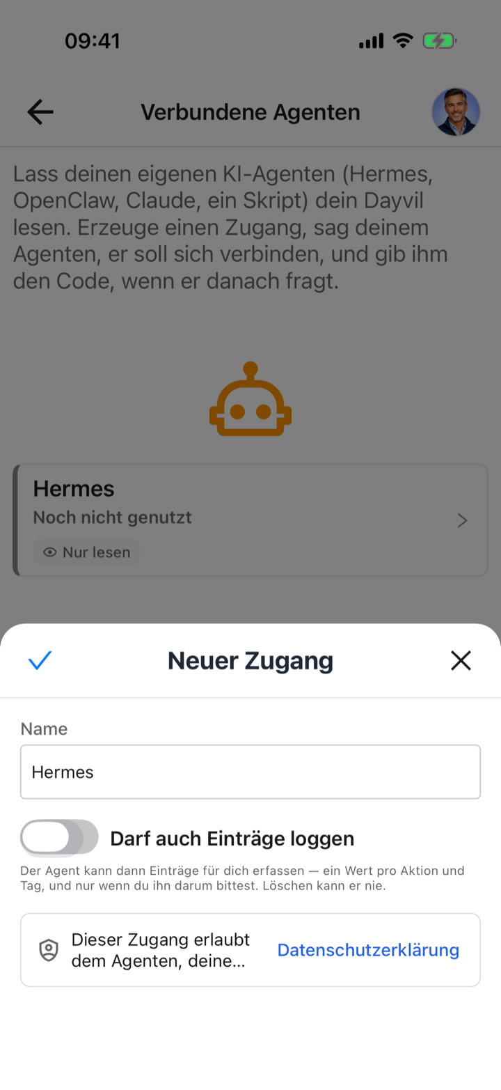 Formular Neuer Zugang mit dem Namen Hermes, dem Schalter Darf auch Einträge loggen und dem Datenhinweis mit Link zur Datenschutzerklärung