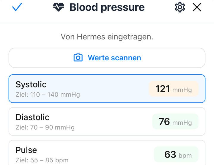 Das Eintragsfeld für Blood pressure in Dayvil mit der Zeile Von Hermes eingetragen über den Werten 121, 76 und 63