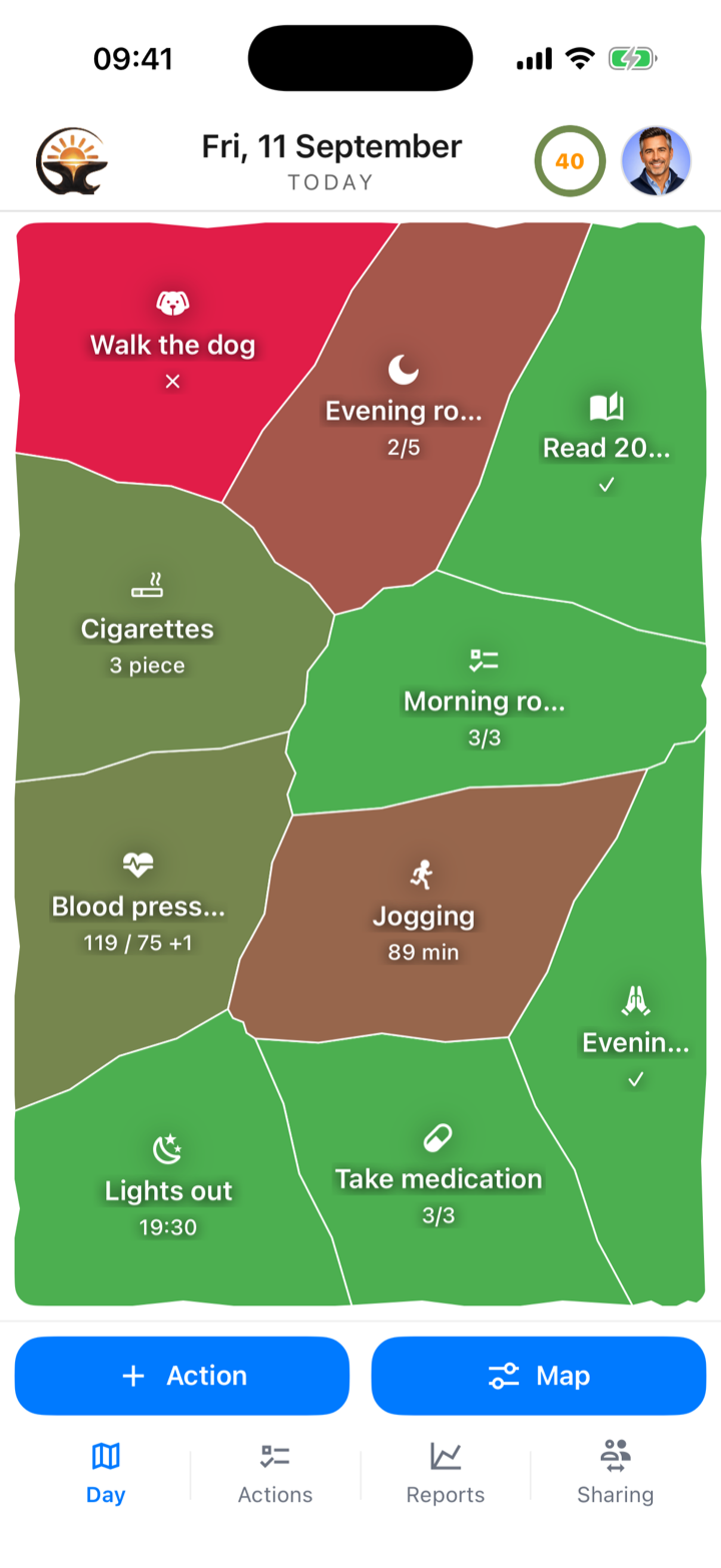 Dayvil Day Map with ten action cells in green, olive and red, a 40-day streak ring in the header, and the Action and Map buttons below