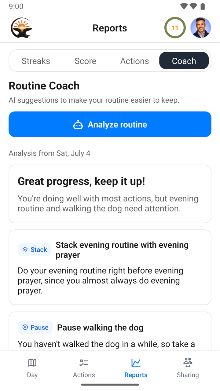 Routine Coach tab with an Analyze routine button and suggestion cards labelled Stack and Pause