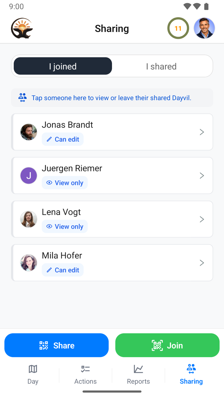 Sharing tab with the I joined segment listing four people with Can edit or View only tags, and Share and Join buttons