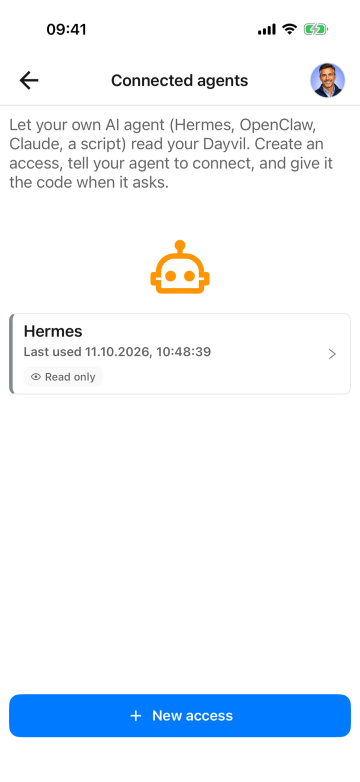 Connected agents list with one agent, Hermes, marked Read only, with when it was last used and a New access button