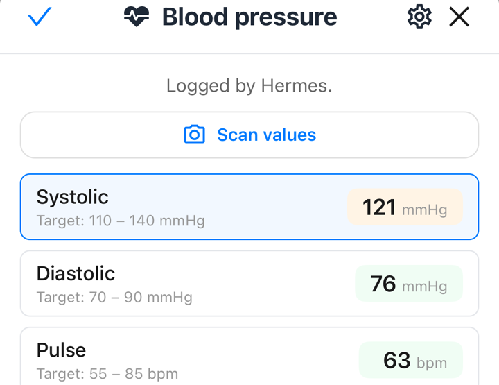 The Blood pressure entry panel in Dayvil with the line Logged by Hermes above the values 121, 76 and 63