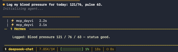 Hermes Agent bekommt „Log my blood pressure for today: 121/76, pulse 63“ und meldet, dass er den Eintrag angelegt hat