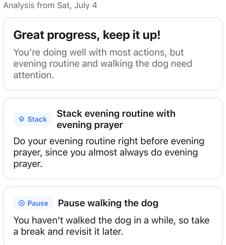 Routine Coach analysis with a stack and a pause suggestion