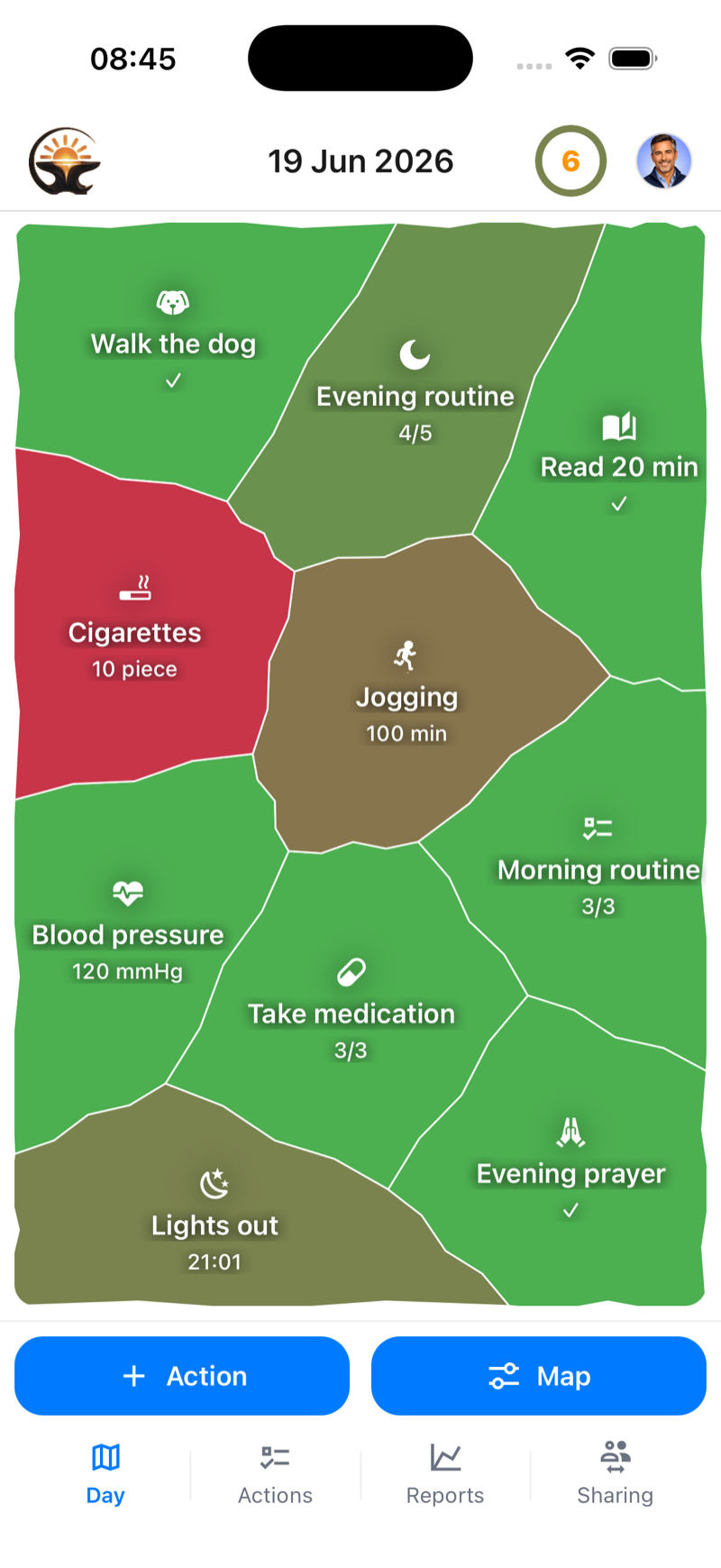 Dayvil Day Map screen with the daily goal streak ring in the header